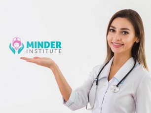 Nurse holding Minder Institute Logo